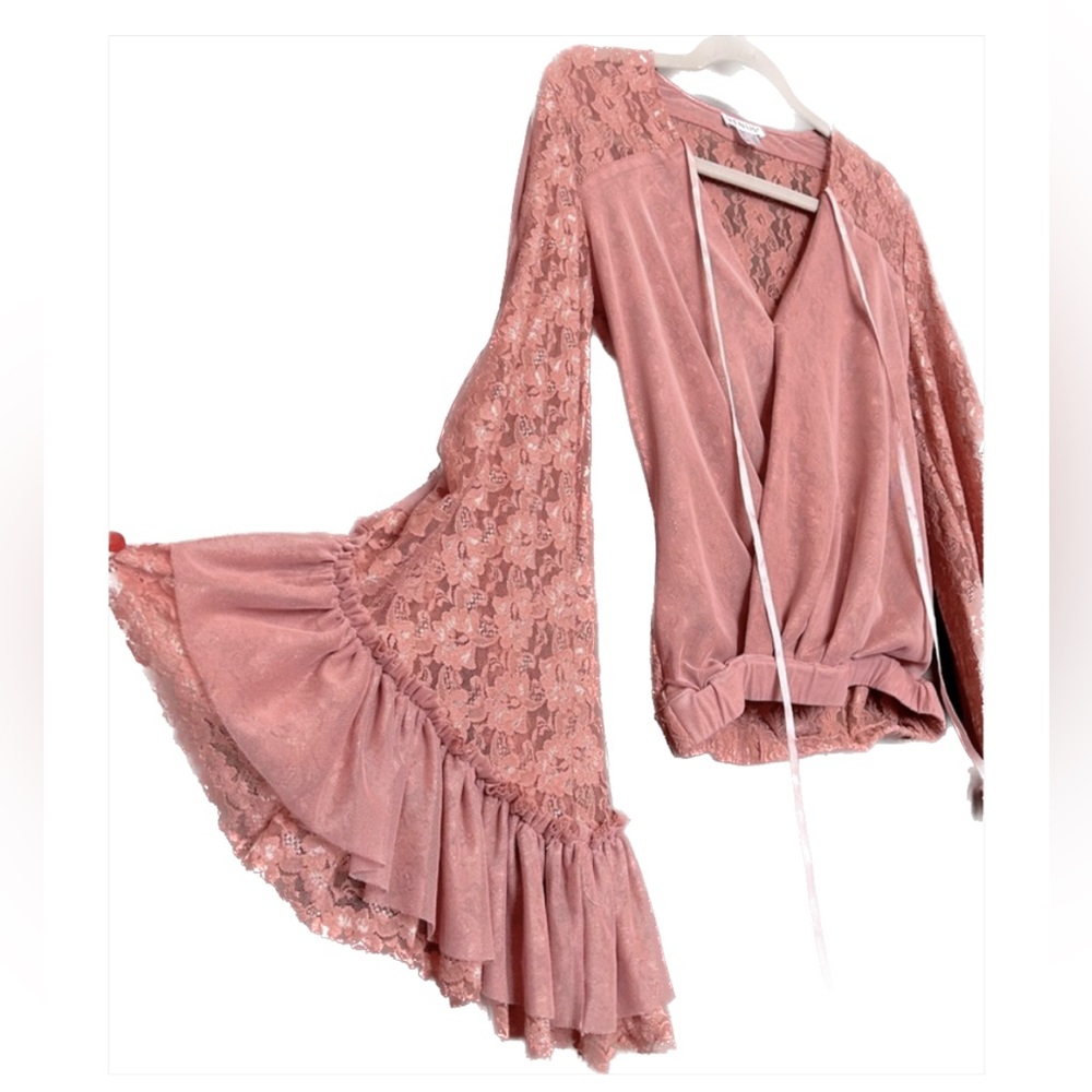 Bell Sleeve Shirt Lace Back Dressy Top with Mesh Back - Picture 1 of 6